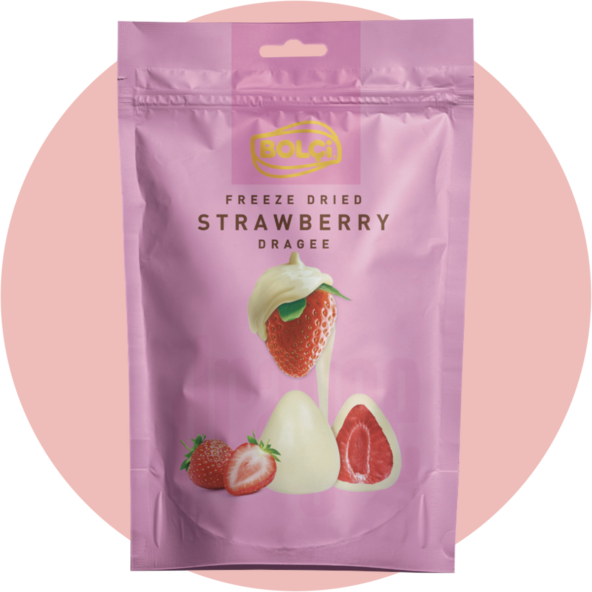 Bolci Freeze Dried Strawberries White – Gefriergetrocknete Erdbeeren in weißer Schokolade als knusprige Dragees