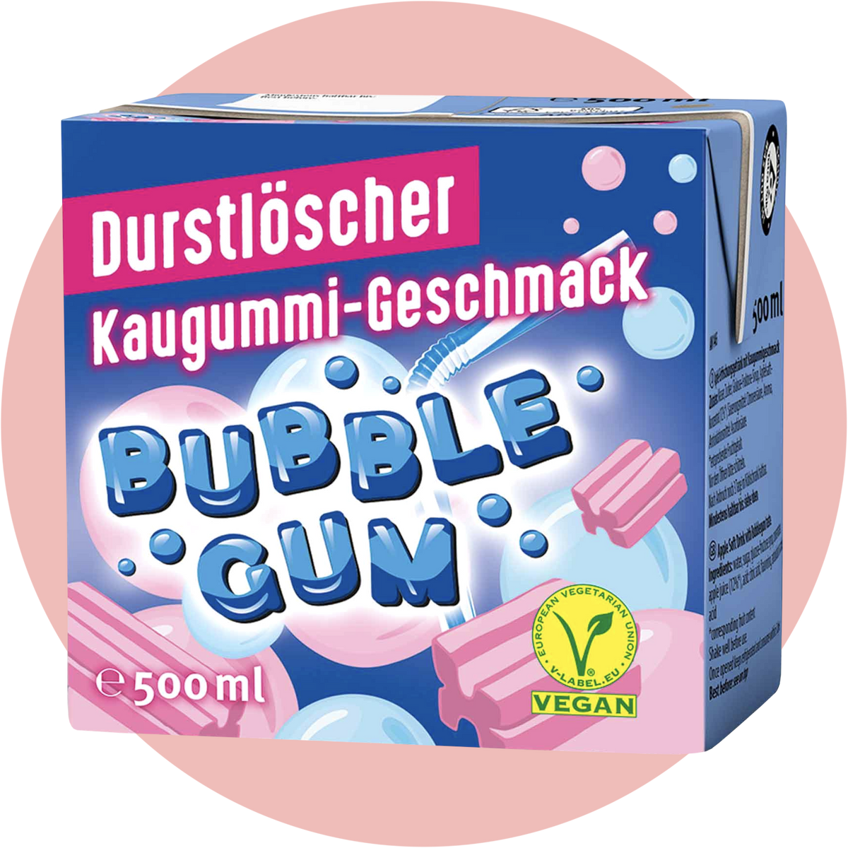 Durstlöscher Bubble Gum – Getränk mit süßem Kaugummi Geschmack in blau rosa Verpackung