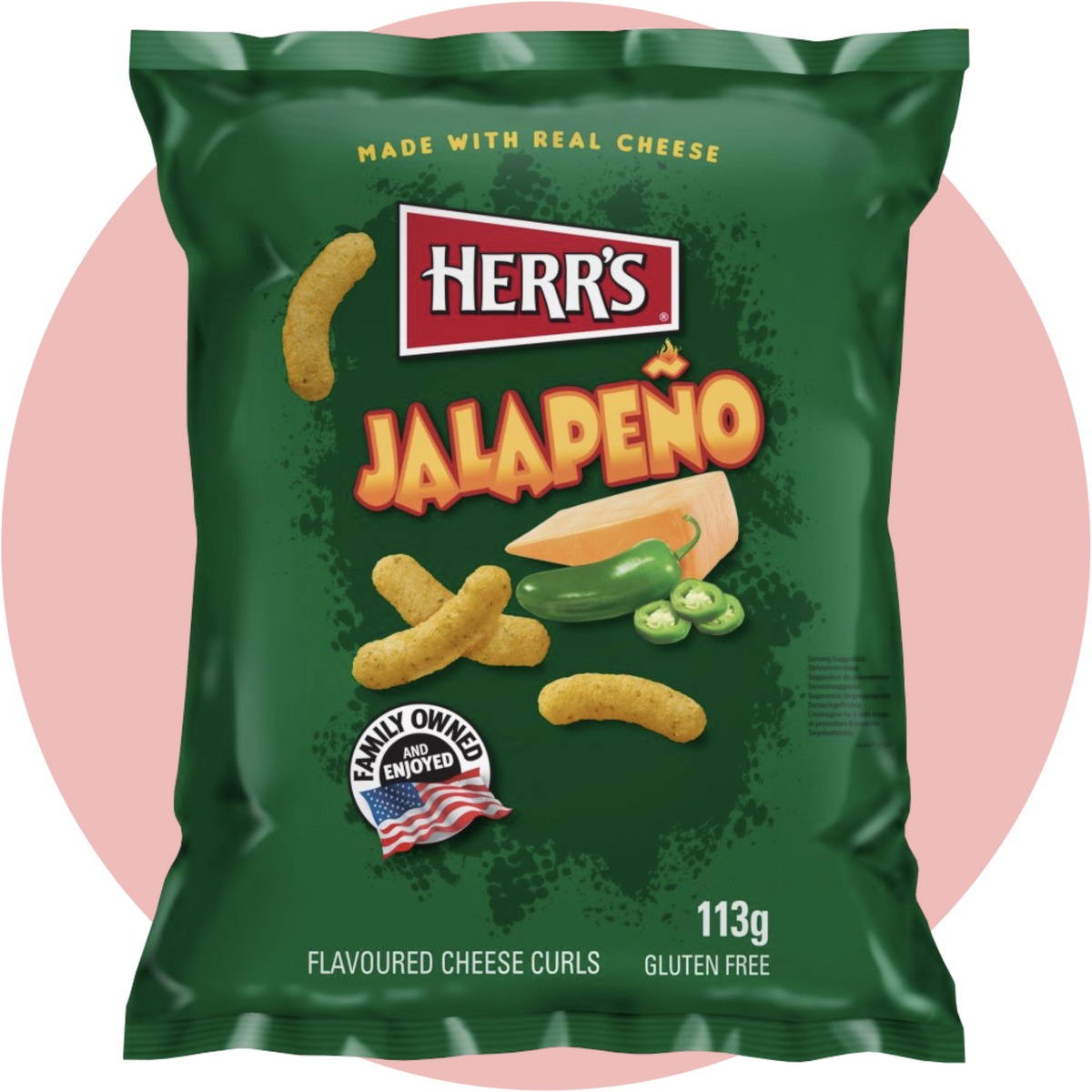 Herr's Jalapeno Curls – Knusprige Mais-Snacks mit Cheddar und Jalapeño in grüner Tüte
