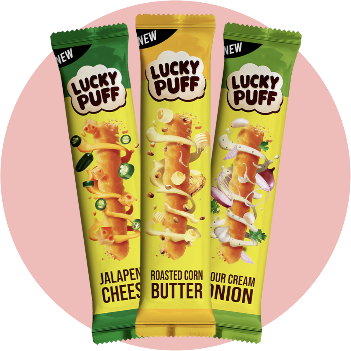 Lucky Puff Bundle – Drei Sorten Maispuffs: Jalapeño, Sour Cream und Roasted Butter Corn in farbenfrohen Verpackungen aus Thailand
