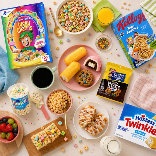 Amerikanisches Frühstück mit Cerealien, Toast und süßen Frühstücksprodukten aus den USA