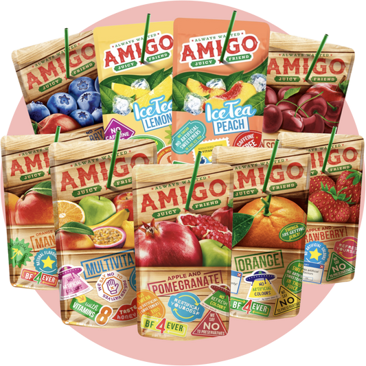 Amigo Bundle – 9 verschiedene Drinks im Trinkpäckchen: Strawberry, Orange, Multivita, Mango, Blueberry, Cherry, Pomegranate, Ice Tea Peach & Lemon