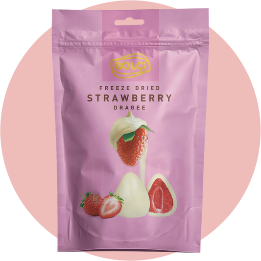 Bolci Freeze Dried Strawberries White – Gefriergetrocknete Erdbeeren in weißer Schokolade als knusprige Dragees