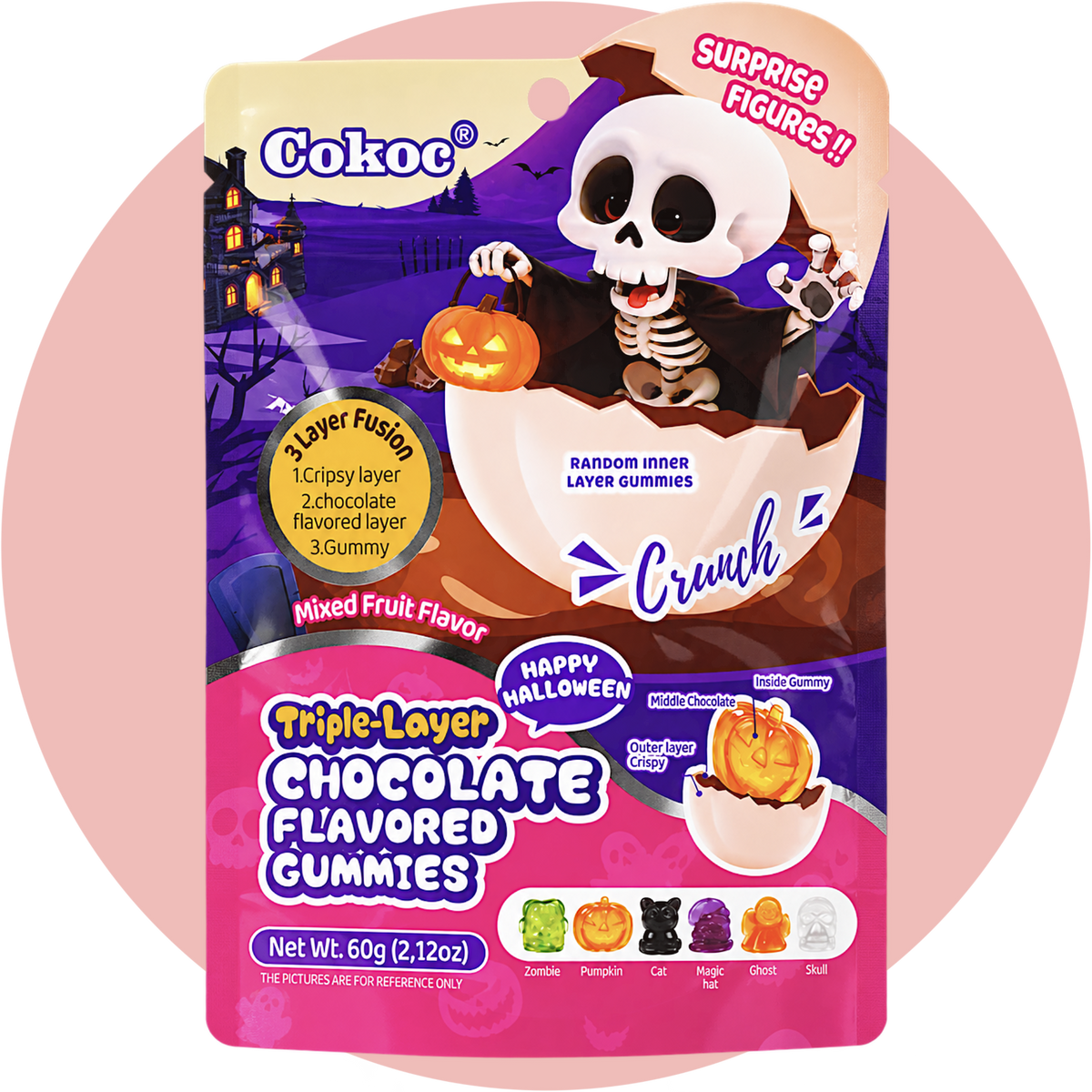 Cokoc Chocolate Halloween Triple Layer Gummies mit Schokoladengeschmack und Halloween-Figuren