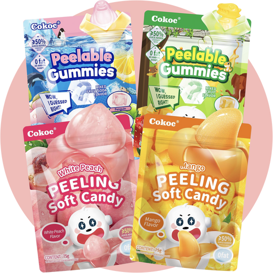 Cokoc Peelable Candy Bundle – 4 peelable Gummies mit verschiedenen Geschmacksrichtungen & versteckten Figuren wie Tieren und Früchten