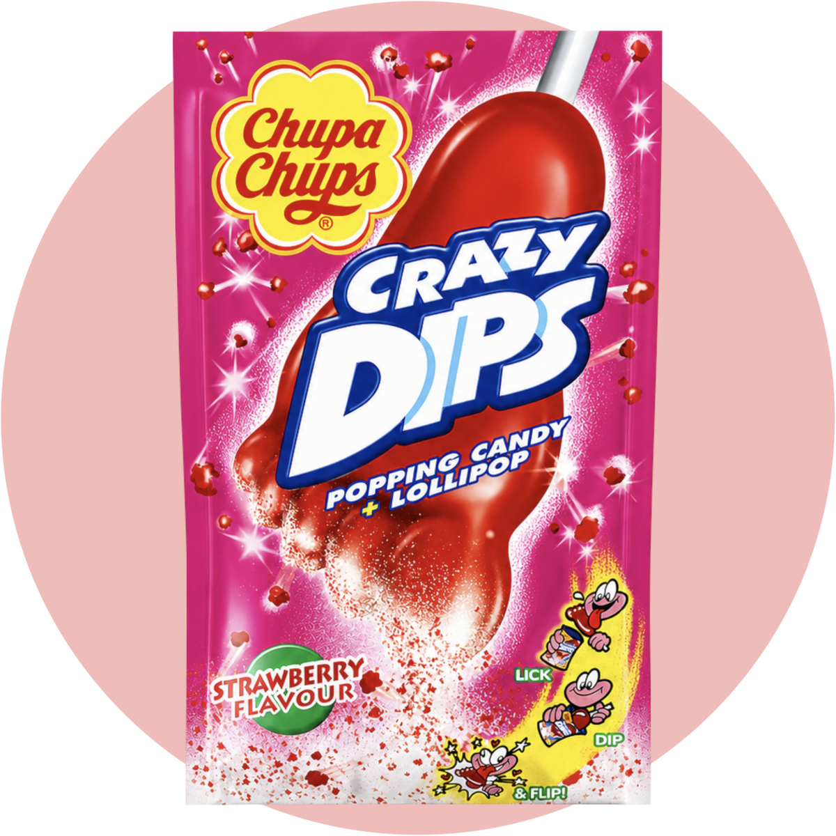 Crazy Dips Strawberry Fuß Lollipop mit Erdbeergeschmack und Brausepulver