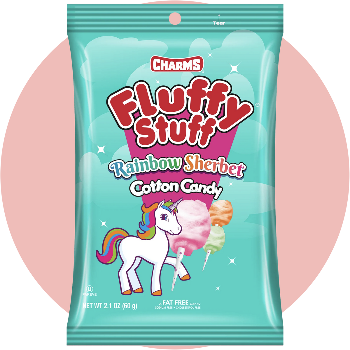 Fluffy Stuff Cotton Candy Rainbow bunte Zuckerwatte in Tütenverpackung mit Regenbogenfarben und auffälligem farbenfrohen Design