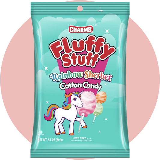 Fluffy Stuff Cotton Candy Rainbow bunte Zuckerwatte in Tütenverpackung mit Regenbogenfarben und auffälligem farbenfrohen Design