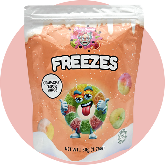 Freeze Dried Sour Rings – Gefriergetrocknete saure Fruchtgummi-Ringe von Chaos Candy Freezes als knuspriges freeze dried candy