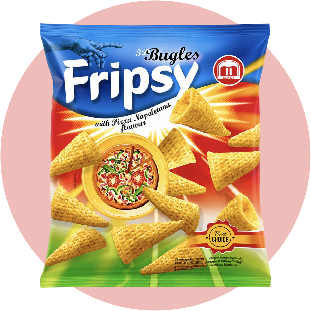 Fripsy Bugles Pizza Mais Snack mit würzigem Pizza Geschmack