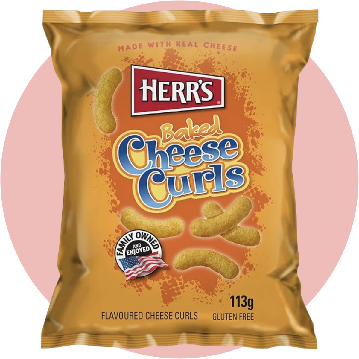 Herr's Baked Cheese Curls – Ofengebackene Mais-Snacks mit Cheddar-Käse in orangener Tüte