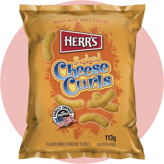 Herr's Baked Cheese Curls – Ofengebackene Mais-Snacks mit Cheddar-Käse in orangener Tüte