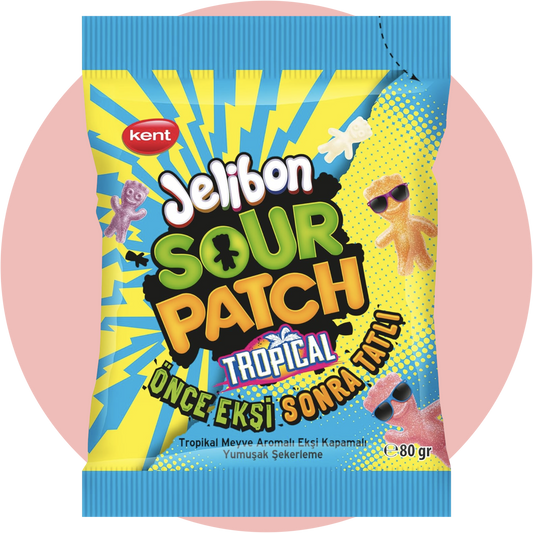 Jelibon Sour Patch Tropical – Tropisch-fruchtige, saure Kaubonbons im Sour Patch Design in bunter Verpackung