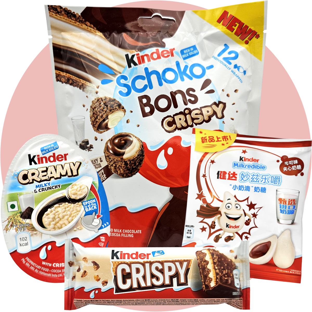 Kinder Schokolade Bundle mit Schoko Bons Crispy Milkredible Creamy Milky Crunchy und Crispy Riegel