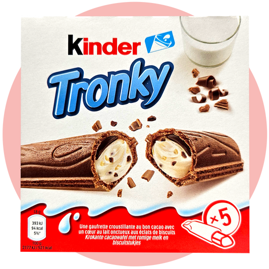 Kinder Tronky – Knusprige Waffel mit Milch-Haselnuss-Creme in weiß-roter Verpackung