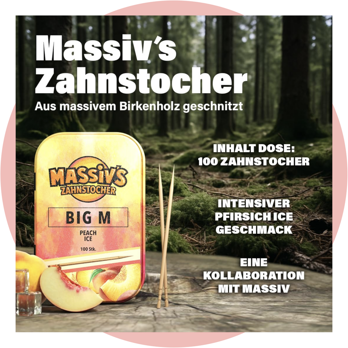 Massiv Zahnstocher BIG M – Pfirsich Peach Ice Zahnstocher mit Geschmack in stylischer Metalldose