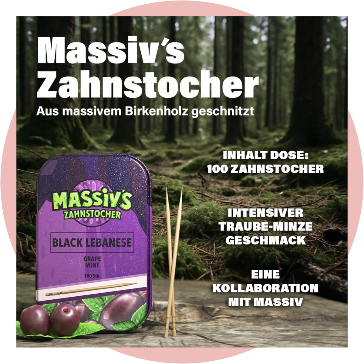 Massiv Zahnstocher BLACK LEBANESE - Weintraube Grape Mint Zahnstocher mit Geschmack in edler Metalldose