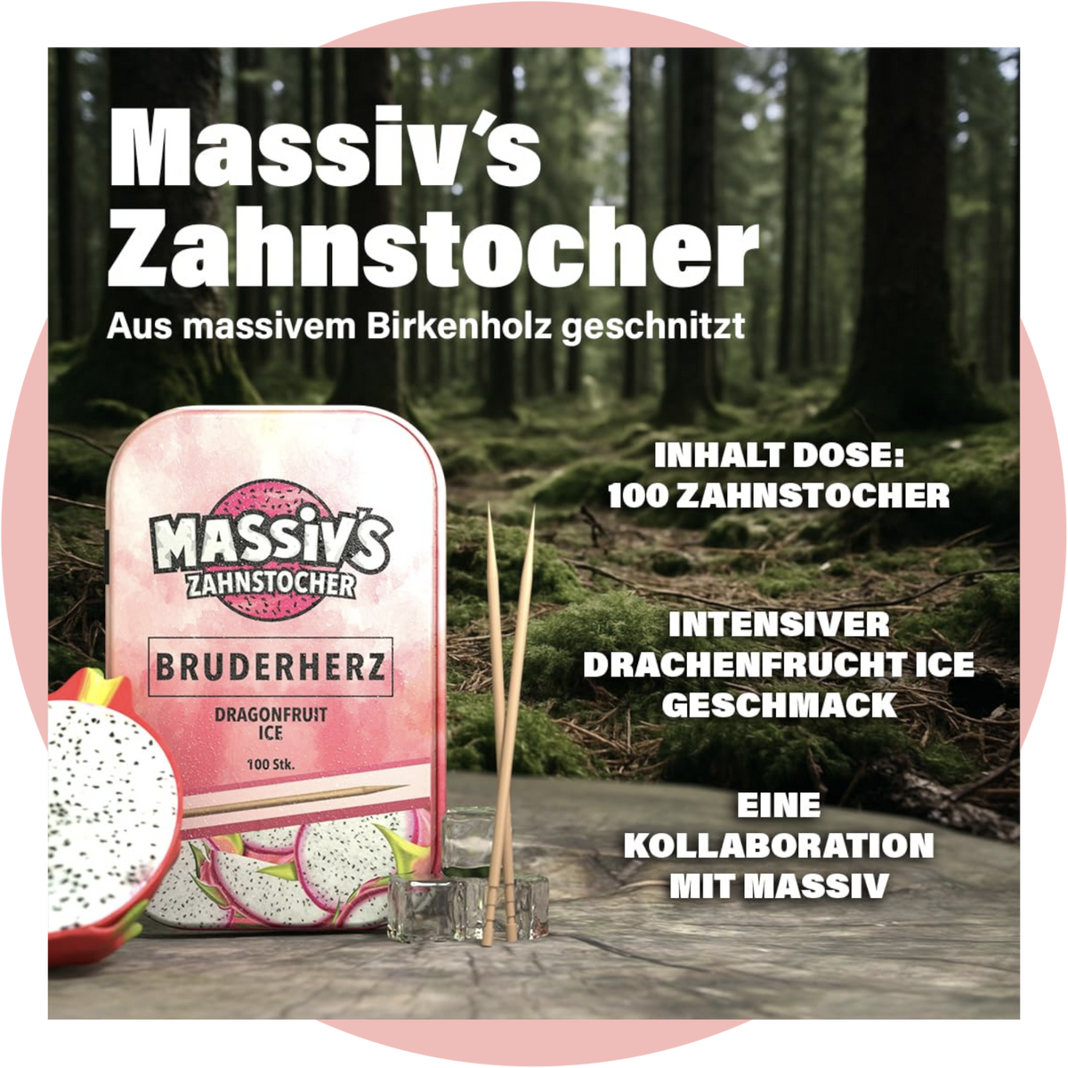 Massiv Zahnstocher BRUDERHERZ Dragonfruit Ice – Drachenfrucht Zahnstocher mit Geschmack in stylischer Metalldose