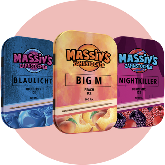 Massiv Zahnstocher Bundle Trio-Mix – Set aus Blueberry Ice, Peach Ice & Berrymix Ice Zahnstocher mit Geschmack in stylischen Metalldosen