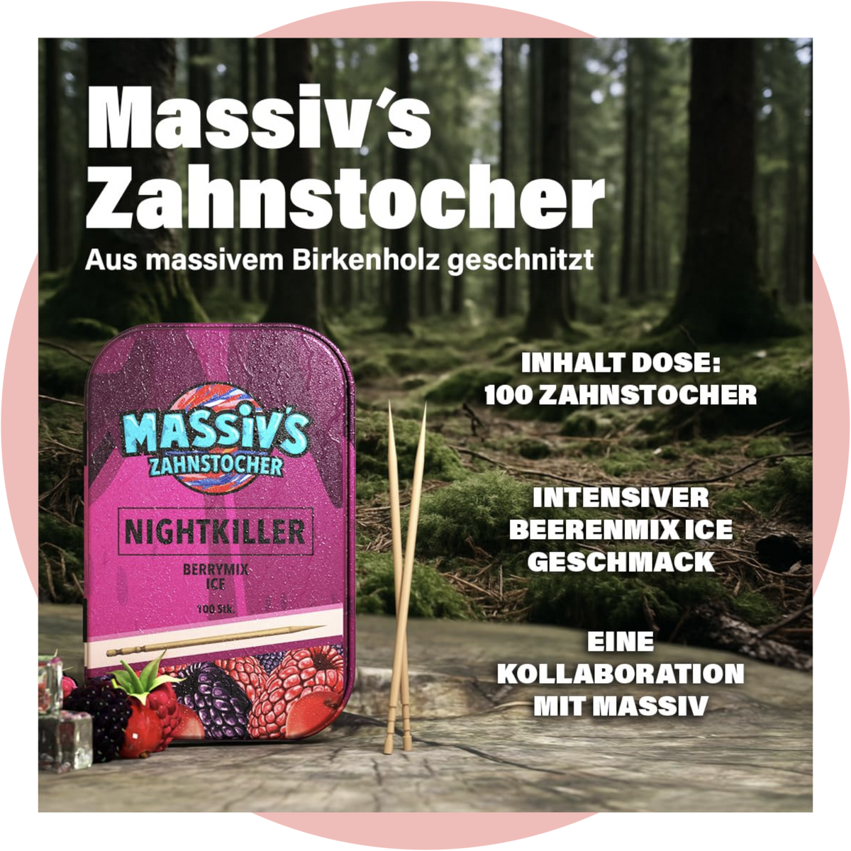 Massiv Zahnstocher NIGHTKILLER Berrymix Ice – Beeren-Mix Zahnstocher mit Geschmack in stylischer Metalldose