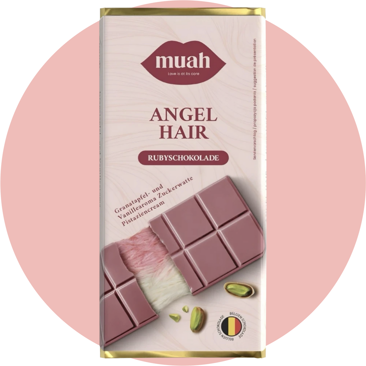 Muah Angel Hair Schokolade – Ruby- und weiße Schokolade mit Pistaziencreme und Zuckerwatte.