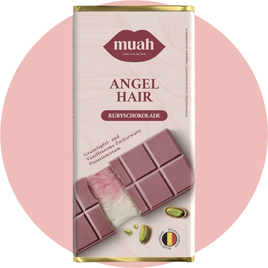 Muah Angel Hair Schokolade – Ruby- und weiße Schokolade mit Pistaziencreme und Zuckerwatte.