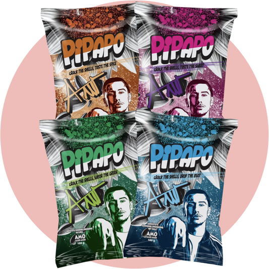 Pipapo Amo Sonnenblumenkerne Bundle – Vier Sorten Sonnenblumenkerne vom Rapper Amo: Original, Salted Blue, Taco und Popcorn in stylischer Kombi