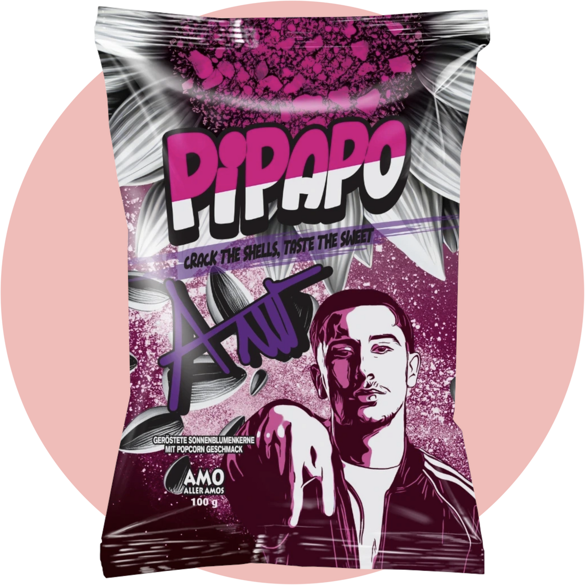 Pipapo Körner Amo Sonnenblumenkerne Popcorn– Süß aromatisierte Sonnenblumenkerne mit Popcorn-Geschmack in lila Verpackung vom Rapper Amo