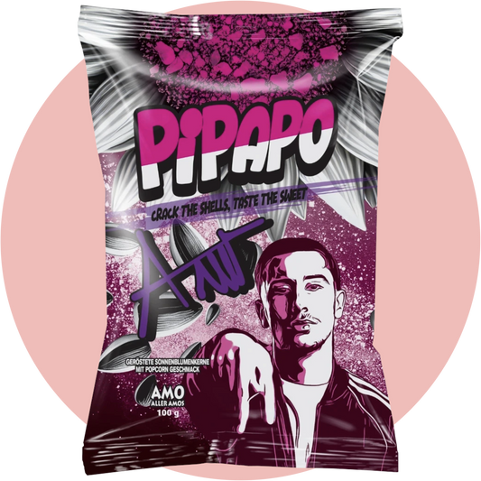 Pipapo Körner Amo Sonnenblumenkerne Popcorn– Süß aromatisierte Sonnenblumenkerne mit Popcorn-Geschmack in lila Verpackung vom Rapper Amo