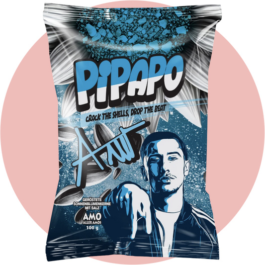 Pipapo Amo Sonnenblumenkerne Salted Blue – Geröstete Sonnenblumenkerne mit Salz in blauer Verpackung vom Rapper Amo