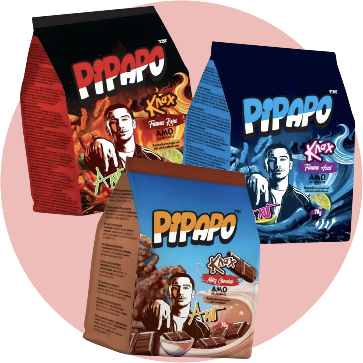 Pipapo Knax Bundle – 3 Sorten Maissnacks von AMO: Flama Azul, Flama Roja und Milky Chocolate