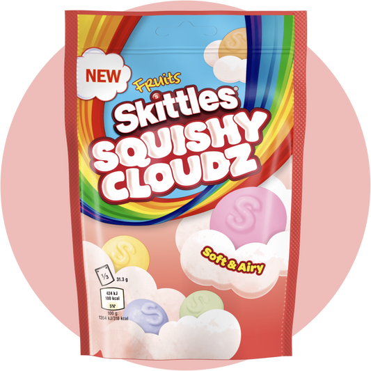 Skittles Squishy Cloudz – Weiche Fruchtgummis mit Skittles-Geschmack in Regenbogenfarben in bunter Verpackung