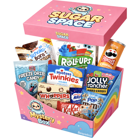 Mystery Box M mit bunter Auswahl an Süßigkeiten und Snacks aus aller Welt, darunter amerikanische und japanische Spezialitäten