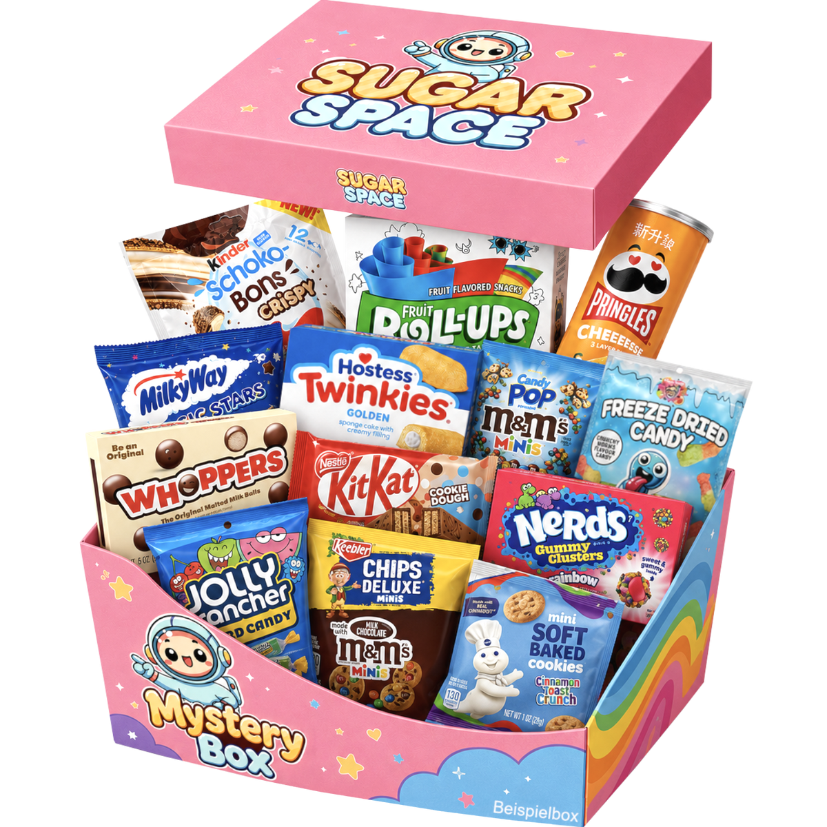 Große Süßigkeiten Box gefüllt mit internationalen Süßwaren, Snacks aus Amerika, USA, Japan und weiteren Ländern der Welt