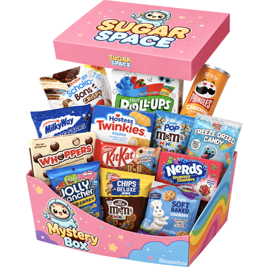 Große Süßigkeiten Box gefüllt mit internationalen Süßwaren, Snacks aus Amerika, USA, Japan und weiteren Ländern der Welt