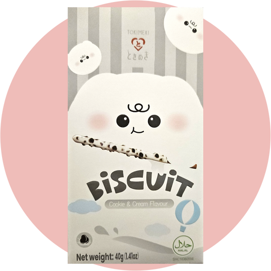 Tokimeki Biscuit Cookie & Cream – Knusprige Teigstangen mit Schokoladenüberzug und Keksstückchen in asiatischer Verpackung