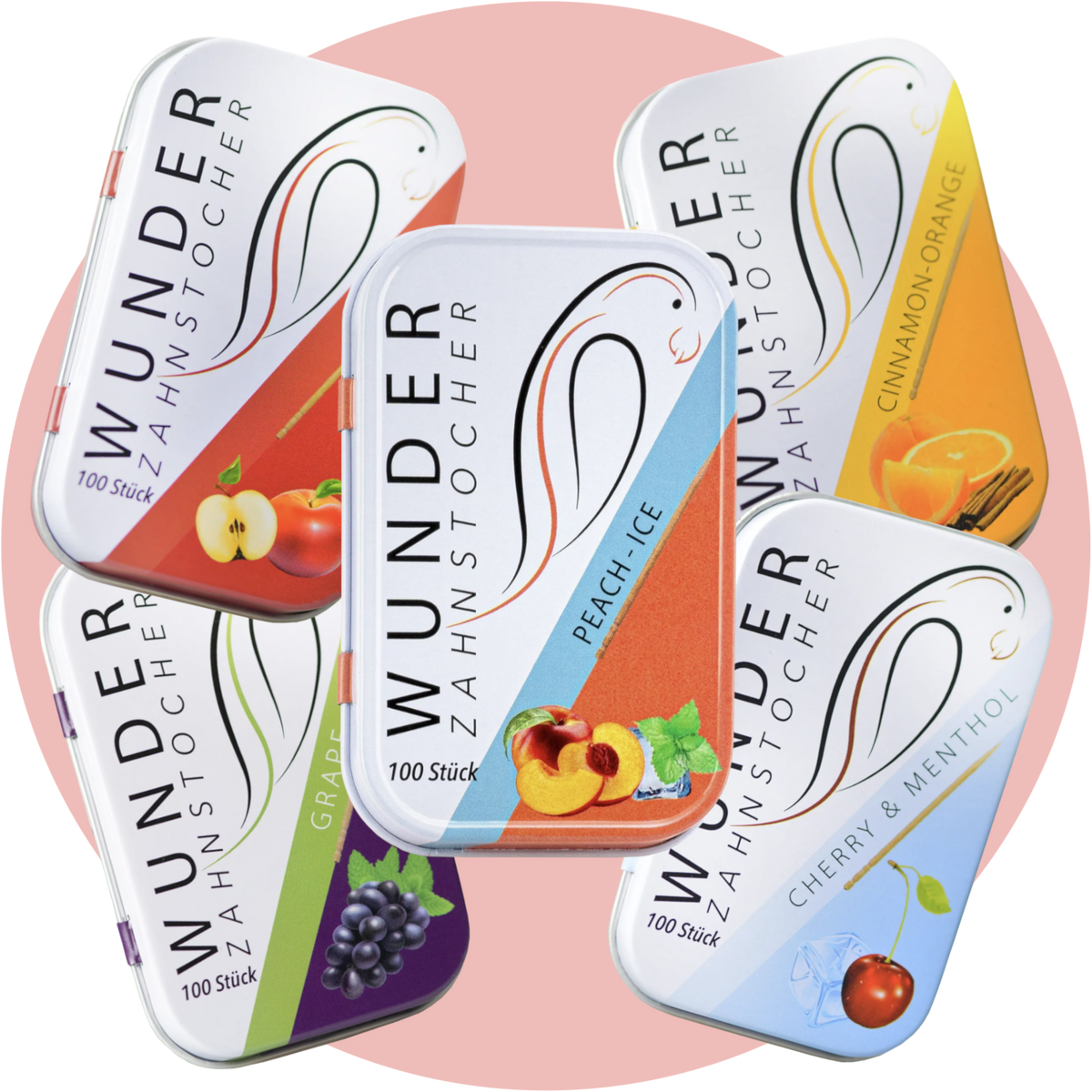 Wunder Zahnstocher Five-Mix – Aromatisierte Zahnstocher im Bundle mit fünf Sorten: Apfel, Pfirsich, Traube, Orange und Kirsche