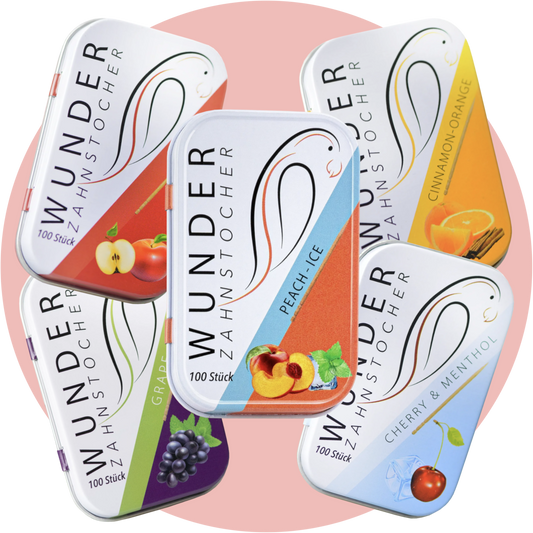 Wunder Zahnstocher Five-Mix – Aromatisierte Zahnstocher im Bundle mit fünf Sorten: Apfel, Pfirsich, Traube, Orange und Kirsche