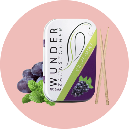 Wunder Zahnstocher Traube & Mint – Aromatisierte Zahnstocher mit Traubengeschmack und frischer Minze in praktischer Dose